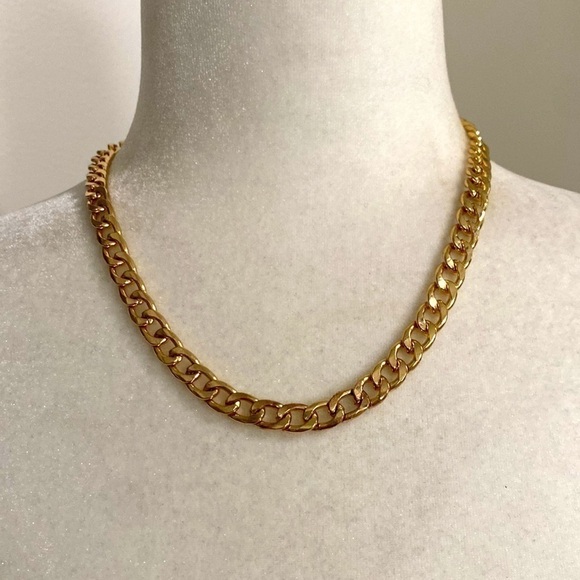 18KT Gold Plated Thick Chunky Curb Chain Link Statement Necklace Retro Classic - Picture 2 of 7